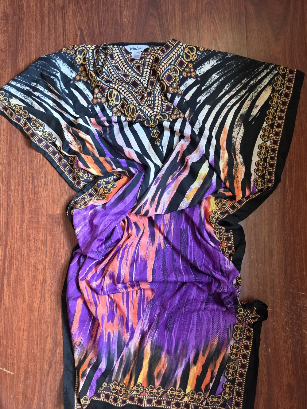 One Size Kimono Cover Up Black Purple Orange Gold Print
